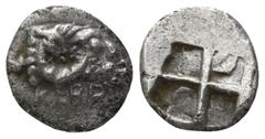 Greek Troas. Kebren circa 500-400 BC. Tetartemorion AR 6mm., 0,28g. KEBP; ram’s head right; unknown symbol behind / Quadripartite incuse square. good very fine SNG Copenhagen 256.
