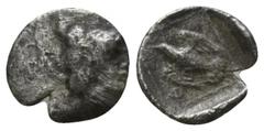 Greek Archepolis Archeopolis Ionia. Magnesia ad Maeander. Archepolis circa 459 BC. Tetartemorion AR 6mm., 0,13g. Diademed and bearded male head right / Eagle flying left within linear square within in