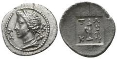 Greek Lycia. Kragos. Lycian League circa 27-20 BC. Quarter Drachm AR 13mm., 0,95g. ΛY; diademed and draped bust of Artemis left, wearing necklace, bow and quiver over right shoulder / T-Λ and K-P flan
