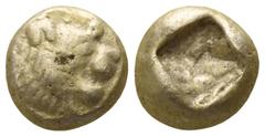 Greek Kings of Lydia. Sardeis. Alyattes - Kroisos 610-546 BC. Hemihekte EL 6mm., 1,15g. Head of roaring lion right, with knob on forehead / Incuse square punch. nearly very fine Weidauer Group XVI, 90