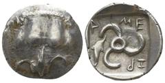 Greek Dynasts of Lycia. . Mithrapata 390-370 BC. 1/6 Stater AR 13mm., 1,26g. Facing scalp of lion / ME-XP-A (in Lycian); triskeles, in left field dolphin; all within incuse square. good very fine Falg