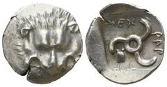 Greek Dynasts of Lycia. . Mithrapata 390-370 BC. 1/6 Stater AR 12mm., 1,24g. Facing lion’s scalp / ΜΕΧ-ΡΑΠ-ΤΑ (in Lycian); triskeles, astragalos to left; all within incuse square. good very fine SNG C