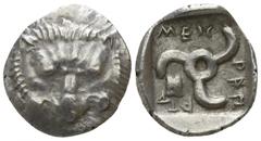 Greek Dynasts of Lycia. . Mithrapata 390-370 BC. 1/6 Stater AR 12mm., 1,41g. Facing lion’s scalp / ΜΕΧ-ΡΑΠ-ΑΤΑ (in Lycian); triskeles; astragalos to left; all within incuse square. good very fine SNG 