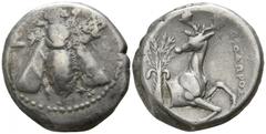 Greek Ionia. Ephesos . ΔΙΟΔΩΡΟΣ, magistrate circa 340-325 BC. Tetradrachm AR 24mm., 14,97g. Ε-Φ; bee with straight wings / ΔΙΟΔΩΡΟΣ; forepart of stag running right, head left; to left, date palm with 