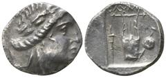 Greek Lycia. Olympos. Lycian League circa 167-100 BC. Hemidrachm AR 13mm., 2,79g. Laureate head of Apollo to right, bow behind neck / OΛYM; lyre, to left, torch, to right, sword and shield. very fine 