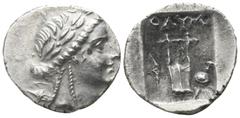 Greek Lycia. Olympos. Lycian League circa 167-100 BC. Hemidrachm AR 14mm., 2,20g. Laureate head of Apollo to right, bow behind neck / OΛYM; lyre, to left, torch, to right, sword and shield. very fine 
