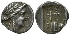 Greek Lycia. Olympos. Lycian League 88-84 BC. Drachm AR 13mm., 2,30g. Laureate head of Apollo right, with bow and quiver over shoulder / ΟΛΥΜ, lyre; torch to left, shield and sword to right; all withi