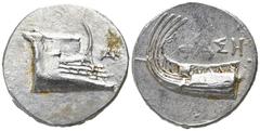 Greek Lycia. Phaselis 400-300 BC. Stater AR 22mm., 10,34g. Prow of galley right; monogram to right / ΦΑΣΗ, stern of galley left. very fine Heipp-Tamer Series 6, unlisted variety; CNG 99, lot 289.