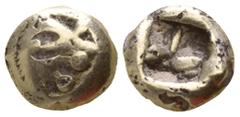 Greek Kings of Lydia. Sardeis. Alyattes - Kroisos circa 600-550 BC. Fourrée Hemihekte 7mm., 0,96g. Head of roaring lion right, knob on forehead / Incuse punch. nearly very fine Weidauer Group XVI, 90 