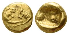 Greek Kings of Lydia. Sardeis. Kroisos 564-539 BC. 1/24 Stater EL 5mm., 0,60g. Confronted foreparts of lion and bull / Incuse square punch. very fine SNG von Aulock -; SNG München 9; Walburg -; Traité