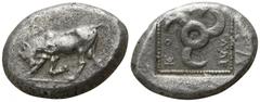 Greek Dynasts of Lycia. . Kuprilli 470-435 BC. Stater AR 21mm., 8,45g. Bull butting left / Triskelis in dotted square. very fine SNG von Aulock 4147 var.; Morkholm, AA 1972, 105.