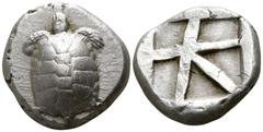 Greek Islands off Attica. Aegina circa 456-431 BC. Stater AR 19mm., 12,21g. Land tortoise with segmented shell / Large square incuse with skew pattern. good very fine Meadows, Aegina, Group IIIb; HGC 