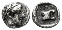Greek Troas. Antandros circa 440-400 BC. Hemiobol or Tetartemorion AR 5mm., 0,27g. Head of Artemis Astyrene right, hair bound with fillet / ANT; astragalos, within incuse square. very fine SNG Copenha