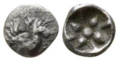 Greek Ionia. Uncertain mint circa 450-400 BC. Tetartemorion AR 4mm., 0,16g. Forepart of pegasos right / Stellate pattern within incuse square. nearly very fine CNG E-248, lot 147.