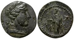 Greek Lycia. Masikytes circa 100-0 BC. Bronze Æ 20mm., 5,56g. Diademed head of Apollo right, Λ-Υ to left and right of neck / Apollo Patroös standing facing, holding filleted branch and bow; M-A across