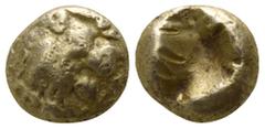 Greek Kings of Lydia. Sardeis. Time of Ardys to Alyattes circa 630-553 BC. Hemihekte EL 6mm., 1,16g. Head of roaring lion right, sun or star on forehead / Incuse square punch. fine Weidauer Group XV, 