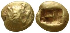 Greek Kings of Lydia. Sardeis. Alyattes - Kroisos circa 610-546 BC. Trite EL 12mm., 4,71g. Head of roaring lion right, with star on forehead / Two incuse square punches. nearly very fine Weidauer 86-9