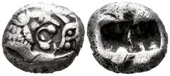 Greek Kings of Lydia. Sardeis. Time of Cyrus to Darios I circa 550-520 BC. Siglos AR 14mm., 5,19g. Confronted foreparts of lion right, with extended right foreleg, and bull left / Bipartite incuse squ