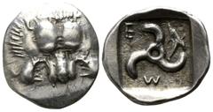 Greek Dynasts of Lycia. Possibly Phellos. Mithrapata circa 390-370 BC. 1/6 Stater AR 13mm., 1,44g. Facing lion scalp / M-E; triskeles, dolphin in one section; all within incuse square. good very fine 