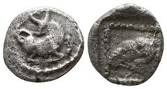 Greek Dynasts of Lycia. Uncertain mint. Uncertain Dynast circa 480-460 BC. Obol AR 7mm., 0,60g. Bull kneeling right, head turned left / Ram's head left; within dotted incuse square. nearly very fine S