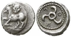Greek Dynasts of Lycia. Uncertain mint. Kuprilli or Kubernis circa 450-410 BC. Class II.. 1/3 Stater AR or Tetrobol AR 13mm., 2,95g. Goat kneeling left; facing head of panther above / K-O-Π; triskeles