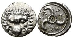 Greek Dynasts of Lycia. Uncertain mint. Vekhssere II 410-390 BC. 1/3 Stater AR 15mm., 3,13g. Facing head of lion / FA-↓S-S↑; triskeles with monogram in center, in dotted circle; all within incuse circ