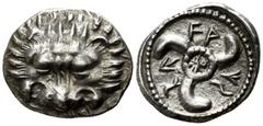 Greek Dynasts of Lycia. Uncertain mint. Vekhssere II 410-390 BC. 1/3 Stater AR 15mm., 3,02g. Facing head of lion / FA-↓S-S↑; triskeles with monogram in center, in dotted circle; all within incuse circ