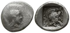 Greek Dynasts of Lycia. Uncertain mint. Possibly Khäriga (Karikas) circa 410 BC. Triobol AR 12mm., 1,83g. Helmeted head of Athena right / ↓↑Ρ[ΕY]A right, A-ΡΞΝA (Arñnahä, ‘of Xanthus’ ?) left; head of