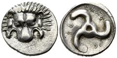 Greek Dynasts of Lycia. Uncertain mint. Perikles 380-360 BC. 1/3 Stater AR 15mm., 2,75g. Lion scalp facing / Π↑-ΡΕ-ΚΛ↑; triskeles within incuse circle. good very fine Falghera 217; SNG von Aulock 4255