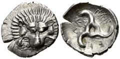 Greek Dynasts of Lycia. Uncertain mint. Perikles 380-360 BC. 1/3 Stater AR 16mm., 2,69g. Lion scalp facing / Π↑Ρ-ΕΚ-Λ↑; triskeles within incuse circle. good very fine Falghera 217; SNG von Aulock 4255