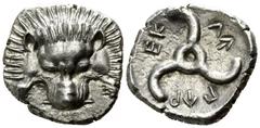 Greek Dynasts of Lycia. Uncertain mint. Perikles 380-360 BC. 1/3 Stater AR 15mm., 2,72g. Lion scalp facing / Π↑Ρ-ΕΚ-Λ↑; triskeles within incuse circle. nearly extremely fine Falghera 217; SNG von Aulo