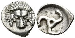 Greek Dynasts of Lycia. Uncertain mint. Perikles 380-360 BC. 1/3 Stater AR 16mm., 2,82g. Lion scalp facing / [Π]↑-ΡΕ-ΚΛ↑; triskeles within incuse circle. nearly extremely fine Falghera 217; SNG von Au