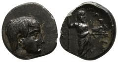 Greek Lydia. Uncertain mint. Gamerses, Satrap of Lydia circa 380-360 BC. Bronze Æ 11mm., 1,29g. Youthful bare head right, wearing long hair braid, earring, and necklace / ΓΑΜΕΡΣ[ΟΥ], Zeus standing rig