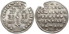 Byzantine Basil II Bulgaroktonos, with Constantine VIII AD 976-1025. Constantinople Miliaresion AR 22mm., 2,57g. ЄҺ τOVτω ҺICA τ ' ЬA[S]ILЄIC CωҺSτ ', cross crosslet with central X and pellet-in-cresc
