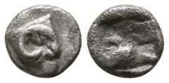 Greek Troas. Kebren circa 500-400 BC. Tetartemorion AR 4mm., 0,16g. Ram’s head right / Quadripartite incuse square. nearly very fine SNG Copenhagen 256; Klein -; SNG von Aulock -.