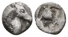 Greek Aeolis. Kyme circa 520-470 BC. Tetartemorion AR 5mm., 0,17g. Head of horse right / Quadratum incusum. nearly very fine Klein 332 var. (hemiobol).
