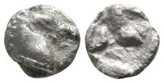 Greek Aeolis. Kyme circa 520-470 BC. Tetartemorion AR 5mm., 0,22g. Head of horse right / Quadratum incusum. nearly very fine Klein 332 var. (hemiobol).