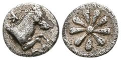 Greek Aeolis. Kyme circa 400-300 BC. Hemiobol AR 6mm., 0,32g. K-Y, forepart of horse to right / Floral pattern. very fine Klein 334 var. (pattern with six leafs); SNG Copenhagen 34; SNG von Aulock 769