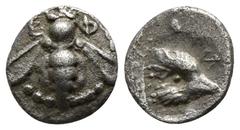 Greek Ionia. Ephesos circa 500-420 BC. Tetartemorion AR 6mm., 0,23g. Bee with slightly curved wings, E-Φ / Head of eagle right within incuse square. very fine Karwiese Series IV, Type 2; SNG Kayhan 12