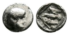 Greek Ionia. Magnesia ad Maeander Archepolis, circa 459 BC.. Tetartemorion AR 6mm., 0,22g. Diademed and bearded male head right / Eagle flying left within linear square within incuse square. nearly ve