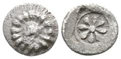 Greek Ionia. Possibly Erythrai circa 480-450 BC. Tetartemorion AR 5mm., 0,22g. Rosette / Flower in circle within incuse square. very fine Klein 387.