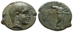 Greek Lydia. Uncertain mint. Gamerses, Satrap of Lydia circa 380-360 BC. Bronze Æ 12mm., 1,29g. Youthful bare head right, wearing long hair braid, earring, and necklace / [ΓΑΜΕΡΣΟΥ], Zeus standing rig