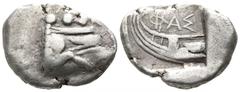 Greek Lycia. Phaselis circa 500-440 BC. 1/3 Stater AR 16mm., 3,43g. Prow of galley in the form of a boar's forepart to right / Stern of galley left, ΦΑΣ above. very fine SNG von Aulock 4394-4396.