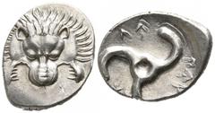 Greek Dynasts of Lycia. Perikles circa 380-360 BC. Tetrobol AR 17mm., 2,76g. Facing lion's scalp / Triskeles. good very fine Falghera 217; SNG Copenhagen -; SNG von Aulock 4254-6.