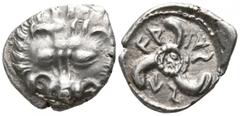 Greek Dynasts of Lycia. Tlos. Vekhssere II circa 410-390 BC. Tetrobol AR 15mm., 2,98g. Facing scalp of lion / Triskeles within incuse circle, two Lycian letters at center, all within pelleted circle w