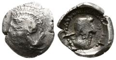 Greek Dynasts of Lycia. Uncertain mint. Kherei 440-410 BC. Obol AR 9mm., 0,59g. Helmeted head of Athena left / Head of Kherei right, wearing bashlyk, in pelleted round border within incuse circle. nea