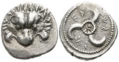 Greek Dynasts of Lycia. Uncertain mint. Vekhssere II 410-390 BC. 1/3 Stater AR 15mm., 2,83g. Facing head of lion / FA↓SS↑, triskeles with monogram in center, in dotted circle, all within incuse circle