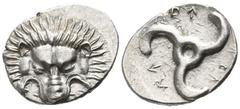 Greek Dynasts of Lycia. Uncertain mint. Perikles circa 380-360 BC. 1/3 Stater AR 15mm., 2,79g. Lion scalp facing / Π↑ΡΕΚΛ↑, triskeles within incuse circle. good very fine Falghera 217; SNG von Aulock 