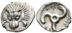 Greek Dynasts of Lycia. Uncertain mint. Perikles circa 380-360 BC. 1/3 Stater AR 15mm., 2,75g. Lion scalp facing / Π↑ΡΕΚΛ↑, triskeles within incuse circle. good very fine Falghera 217; SNG von Aulock 