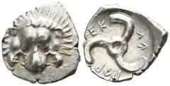 Greek Dynasts of Lycia. Uncertain mint. Perikles circa 380-360 BC. 1/3 Stater AR 15mm., 2,69g. Lion scalp facing / Π↑ΡΕΚΛ↑, triskeles within incuse circle. good very fine Falghera 217; SNG von Aulock 